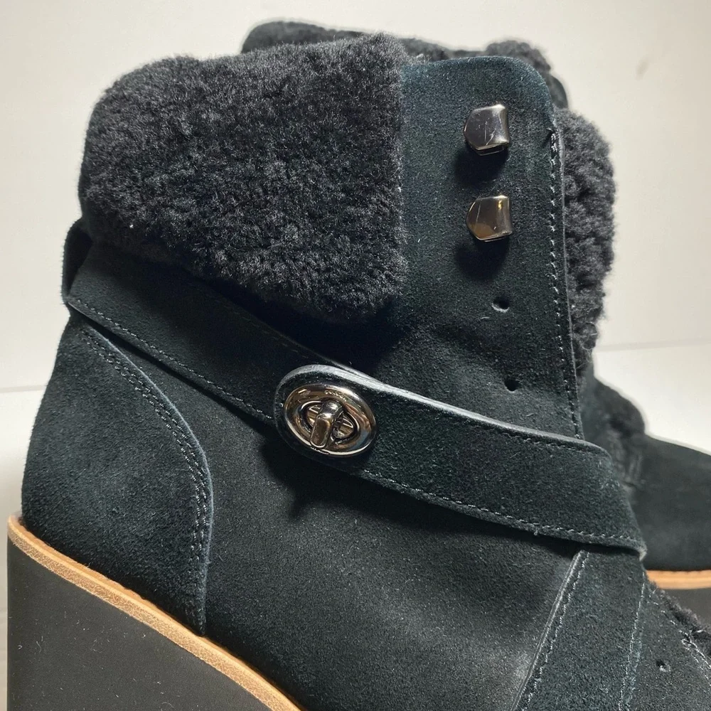 Coach Kenna Shearling Suede Black Leather  Wedge Booties Ankle Boots Size 7.5
